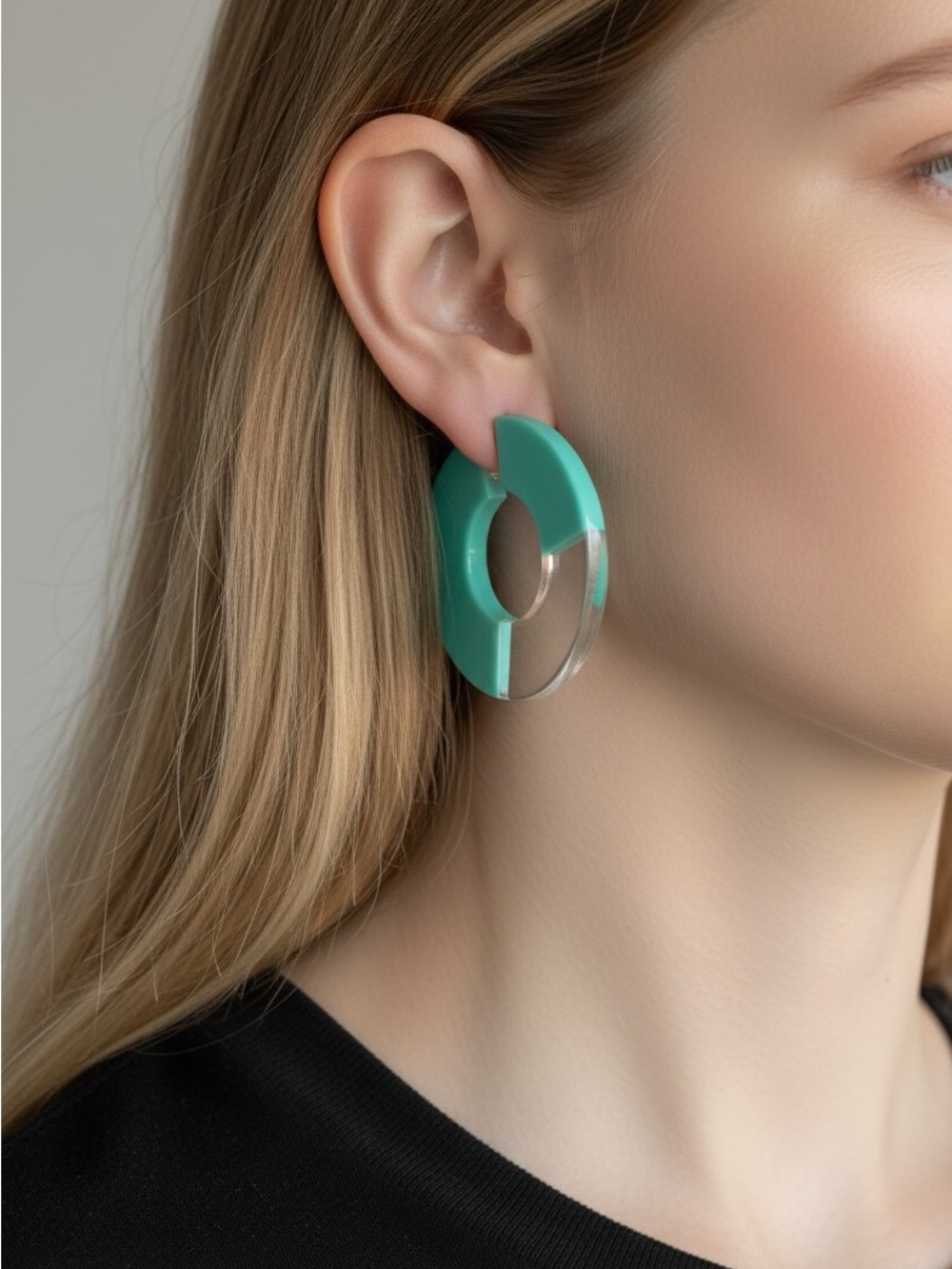 9/18 Modern Two-Tone Teal & Clear Hoop Earrings - Women Jewelry